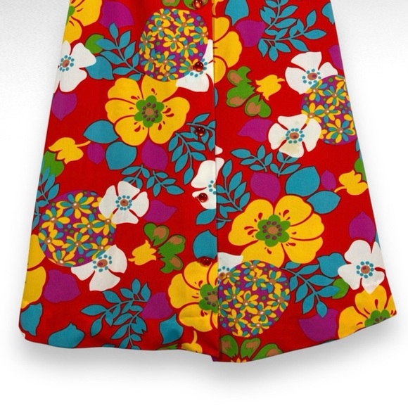 Vintage 60s Red & Yellow Floral Mini Dress (S) - Picture 7 of 10